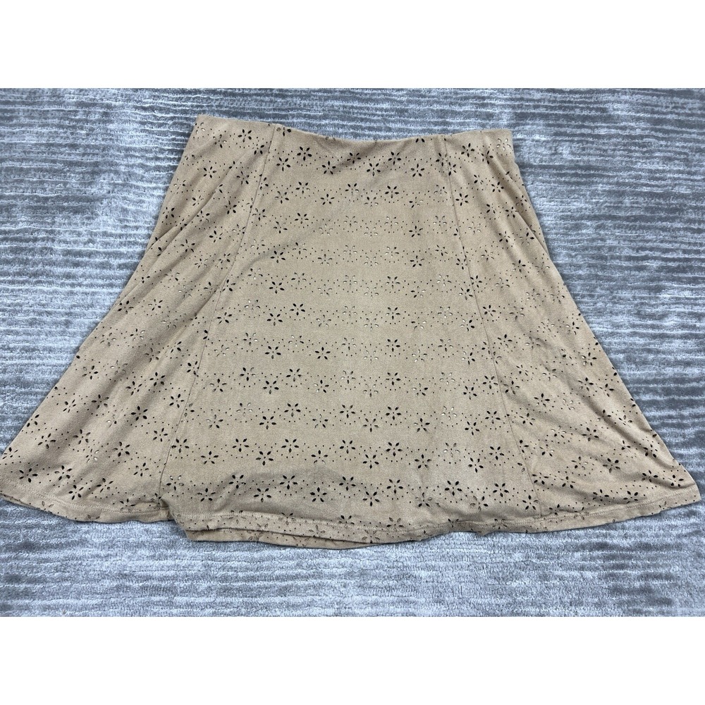 Maurices Skirt Womens L Tan Faux Suede Floral Laser Cut Eyelet A-Line Pull On